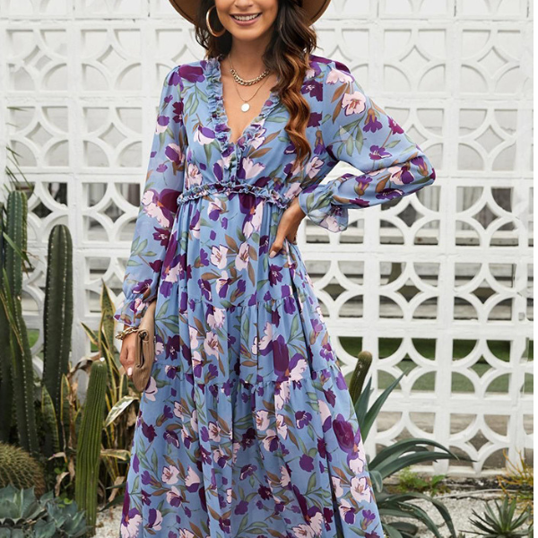 Robe Longue Fleurie à Taille Haute