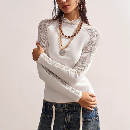 Haut en Dentelle Ajournée à Manches Longues