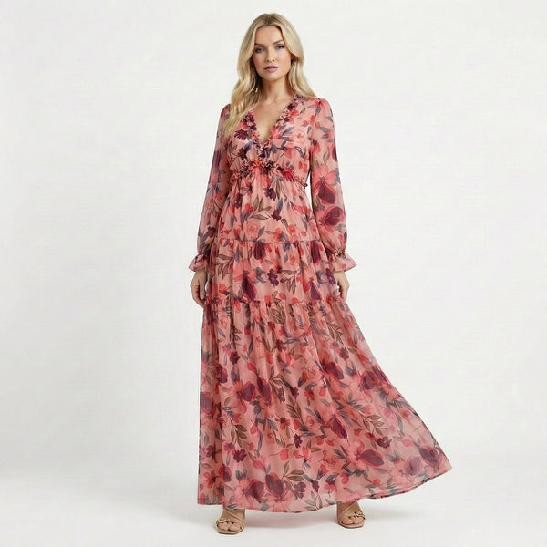 Robe Longue Fleurie à Taille Haute